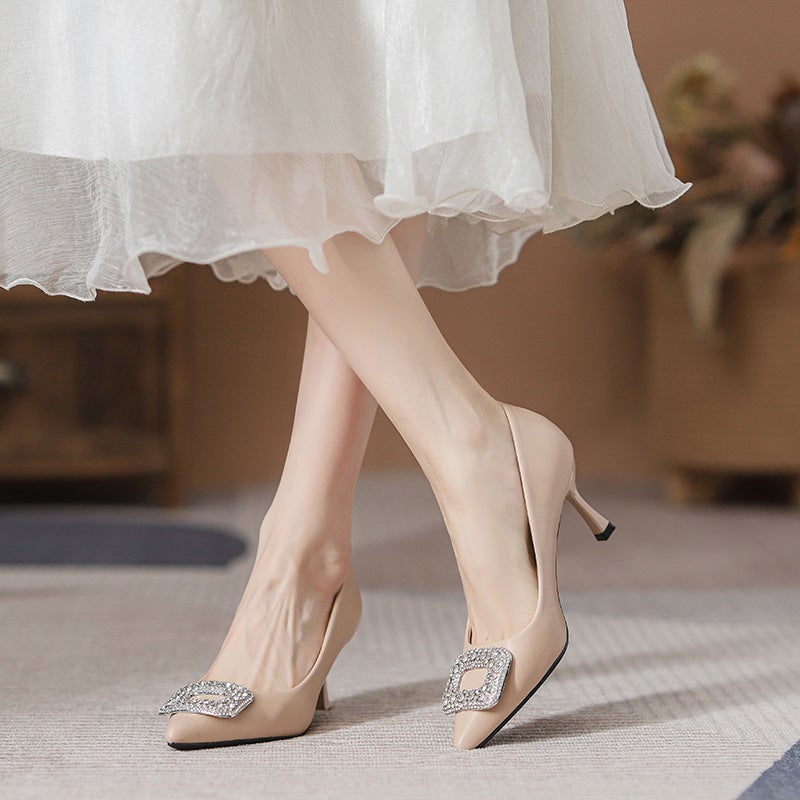 9833-5 Not Tired Feet High Heels Plus Size Suede Black Professional Work Shoes Temperament Beautiful Rhinestone Stiletto Heel Shoes - Image 4